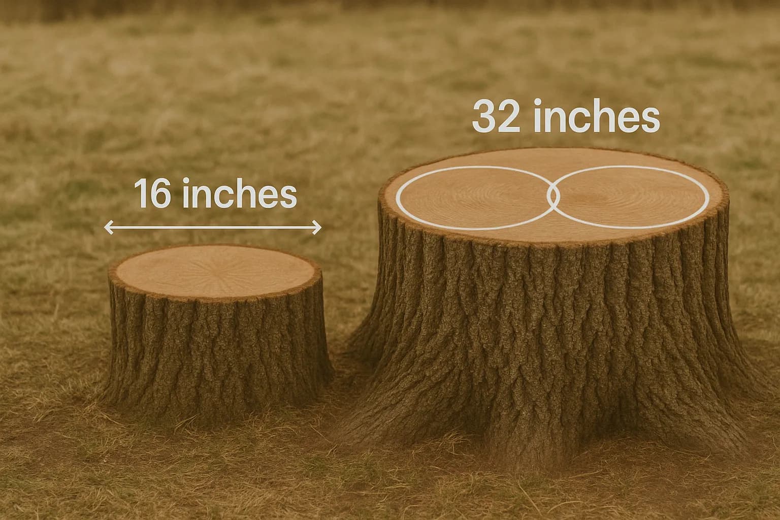 A 16-inch stump next to a 32-inch stump, which holds two 16-inch circles